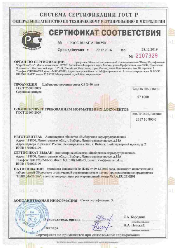 Сертификат соответствия ЩПС С-5 (0-40мм)
